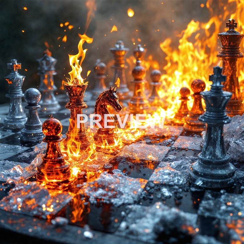 A chessboard with metal chess pieces, including a knight, on fire with flames and sparks emanating from the pieces, creating a dramatic and intense scene.